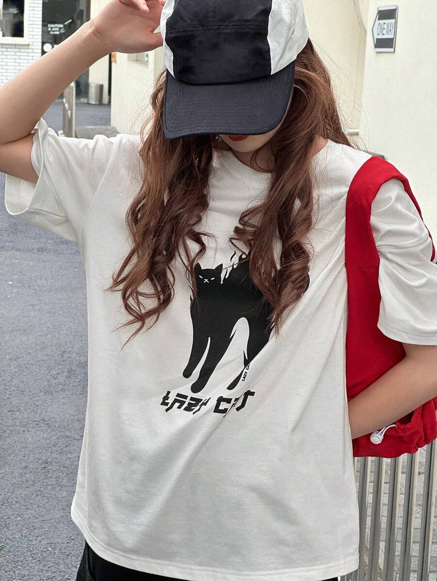 DAZY Teen Girls' Creative Cat Graphic Round Neck Short Sleeve Casual Summer T-Shirt,Back To School Clothes - White - View 1