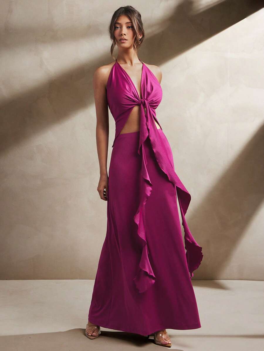 L'Amorae Women Two Piece Co Ord Knit Set,Halter Ruffle Neck Crop Top & Maxi Skirt,Magenta Summer Elegant Vacation Holiday Wedding Guest Berry Resort Ibiza Wear - Hot Pink - View 1