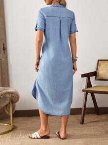 Breezaya 女式 V 领单排扣卷边短袖休闲牛仔连衣裙，夏季 - 藍色 - 查看 2