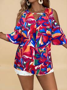 SHEIN VCAY Camisa informal hombros descubiertos con estampado todo sobre para talla grande - Rojo - Ver 5