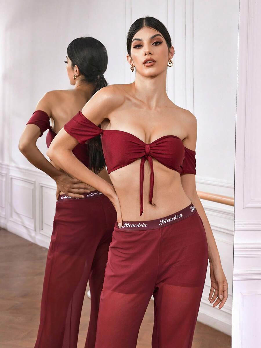 Menodora SHEIN Sport 女士简约纯色前扭短袖运动文胸 - 酒紅色 - 查看 1