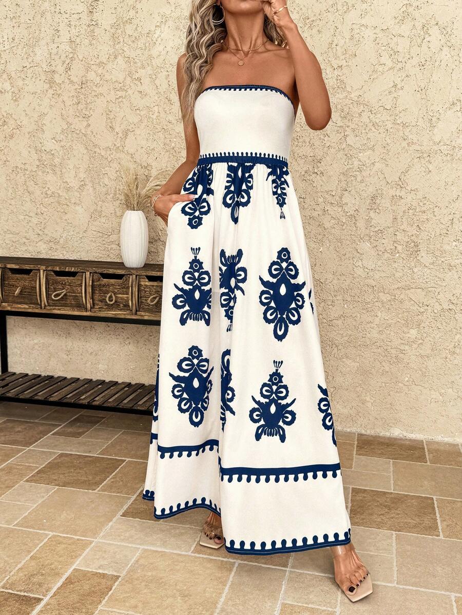 SHEIN Clasi 复古剪裁口袋无袖长裙，休闲夏日 - 藍色 - 查看 1