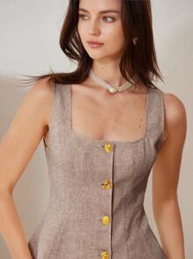 Aveloria Rosie 女士方领修身粗花呢纽扣衬衫，春夏 - 咖啡棕 - 查看 6