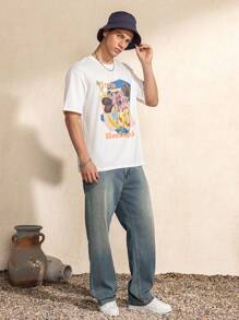 SHEIN Touch of Art Herren Lässig T-Shirt mit kurzen Ärmeln, weiss, mit floralem & Buchstaben Grafik-Muster, Sommer