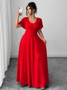 Elenzga 大码优雅简约假日派对深V领荷叶袖修身针织连衣裙 女装 夏季女装 - 紅色 - 查看 3