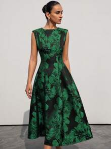 Aveloria Modichic 新款优雅端庄优雅女士连衣裙，精致奢华简约精致提花面料圆领无袖收腰宽喇叭裙连衣裙 - 綠色 - 查看 3