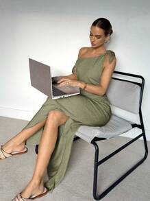 Siren Gaze 女式不对称领口结肩优雅连衣裙，夏季 - 軍綠色 - 查看 3