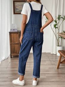 SHEIN Maternity Blue Simple Everyday Denim Cuff Overalls - Dark Wash - View 2