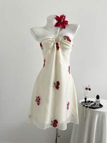 Chiquease Women's Summer Floral Embroidery Vacation Halterneck Cinched Waist Lightweight Organza Mini Dress Hibiscus Dress Embroidered Dress Vintage Dress