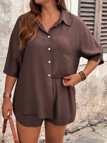 SHEIN Tall CURVE Summer 2pcs Set - Loose Solid Color Lapel Short Sleeve Shirt Top With Drawstring Shorts, Plus Size Summer Women Clothes Two Pieces Summer Outfits Tall Women Clothes Summer Women Clothes