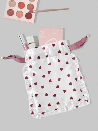 Kawaii Bolsa de cosméticos con forma de corazón impresa, organizador de viaje para ropa interior con cordón