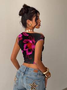 Aloruh Blouse d'épaule asymétrique plissée élégante et minimaliste pour femme, imprimé floral, convient pour l'été