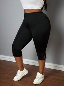 SHEIN PETITE CURVE Plus Size Solid High Waist Split Hem Capri Leggings Black Capris For Women Black Leggings For Women Plus Size Capri Leggings , Summer Outfits For Women, Suitable For People Of Shorter Stature - Black - View 3