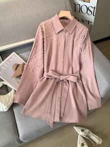 Modelyn Women's Faux Pearl Decor Long Sleeve Single-Breasted Arabian Style Blouse