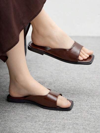 CUCCOO BIZCHIC 新款女式平底凉鞋，方头时尚简约咖啡色拖鞋，休闲舒适派对通勤夏季鞋，厚底防滑拖鞋