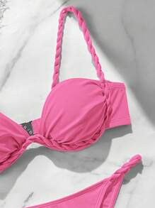 Soleia 2 sztuki/zestaw damski wojskowy zielony dzianinowy teksturowany kubek plisowany skręcony strój kąpielowy bikini - Różowy - Zobacz 3