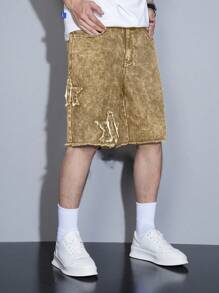 Manfinity Homme Men's Distressed Pocket Pentagram Loose Wide Leg Casual Denim Shorts - Khaki - View 3