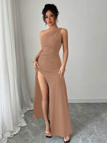 Rafferiza 全新夏季性感不对称领口褶饰露背镂空高开衩连衣裙，适合度假、约会、派对 - 棕色 - 查看 3