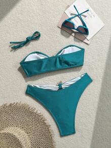 Swim SXY 2件套夏季新款女士性感纯色露肩泳衣沙滩度假高端套装 - 水鴨藍 - 查看 7