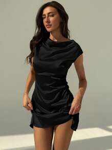 Aloruh Minimalist Office Outfit Stand Collar Tight Fitting Mini Satin Dress For Women - Black - View 5