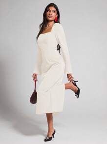 COSMINA 女式黑色高腰喇叭袖开衩中长连衣裙，秋冬款 - 白色 - 查看 4