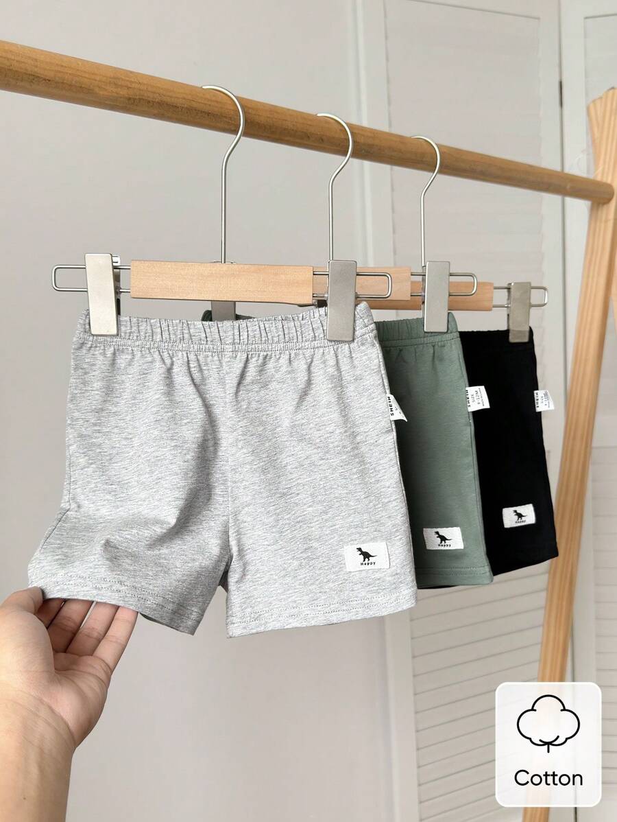 SHEIN Playful Pals 3件套幼儿男童针织运动休闲短裤套装，绿色、黑色、灰色，94%棉，吸汗透气，恐龙印花，春夏新款，适合居家或户外穿着。男婴短裤套装 - 彩色 - 查看 1