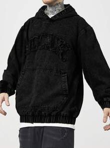 Manfinity EMRG Men's Black Washed Denim Hooded Jacket With Embroidered Design And Zipper Details