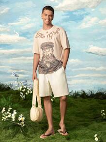 SHEIN Touch of Art Men's Letter & Figure Graphic Round Neck Short Sleeve T-Shirt - Khaki - View 3