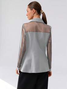 Aveloria Modichic 百搭优雅 OL 通勤高品质设计欧根纱拼接西装面料透明感双排扣女式轻便西装外套 - 灰色 - 查看 6