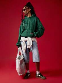 Missguided x Playboy Moletom Clássico com Cordão Estilo Universitário e de Campus, Aconchegante Streetwear Casual Essencial de Inverno, Básico Athleisure Outono Loungewear - Verde Escuro - Visão 3