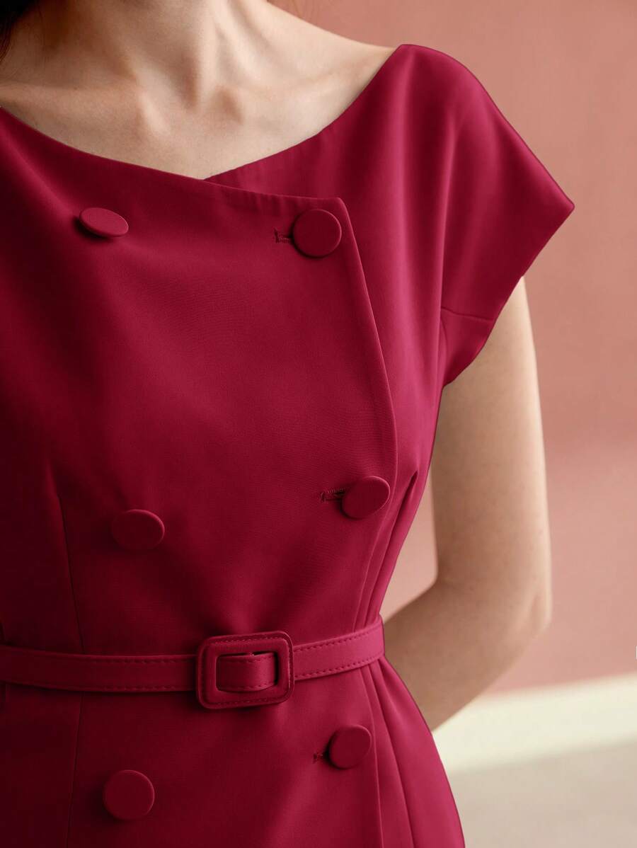 MOTF PREMIUM BATWING SLEEVE DOUBLE BREASTED PLACKET BUCKLE BELTED BLOUSE - Red - View 2
