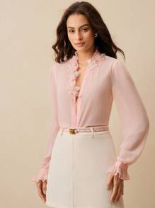 Anewsta 女士优雅手工刺绣花卉领口装饰轻盈垂褶袖口长袖衬衫，适合节日、外出、度假 - 粉色 - 查看 7