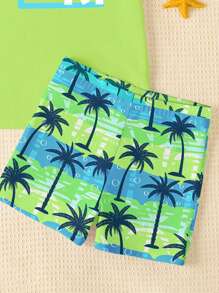 SHEIN Tween Boy Casual Minimalist Round Neck Short Sleeve Shorts Swimsuit Set, Suitable For Summer