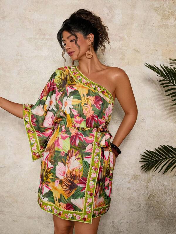 Travachic Rochie mini verde cu imprimeu tropical, model boho, mărime plus, cu umeri goi, asimetrică, cu legături în talie, model boho, mărime plus, rochie mini de resort pentru vară