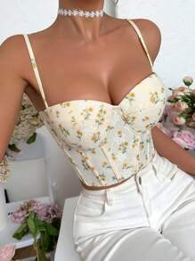 SHEIN Tall 米色夏季性感夜店女款花卉印花蕾絲魚骨結構修身吊帶背心上衣，夏季度假圖案短版花朵束腰上衣，適合高個女性 - 黃色 - 查看 1