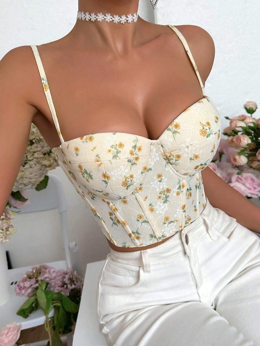 SHEIN Tall 米色夏季性感夜店女款花卉印花蕾絲魚骨結構修身吊帶背心上衣,夏季度假圖案短版花朵束腰上衣,適合高個女性 - 黃色 - 查看 1