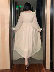 Dazy Plus Vestido plus size de chiffon com lantejoulas, laço na cintura e mangas bufantes. Ideal para o outono, festas de formatura e eventos formais. Vestido elegante para mulheres. - Damasco - Ver 2