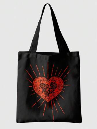 Fairycore Bolsa reutilizable con estampado floral vintage con forma de corazón, mochila de moda, bolso multifuncional, bolsa de compras de lona con gráfico, bolso de hombro