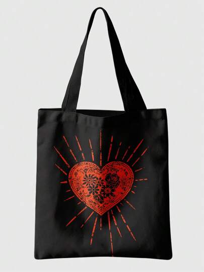 Fairycore Bolsa reutilizable con estampado floral vintage con forma de corazón, mochila de moda, bolso multifuncional, bolsa de compras de lona con gráfico, bolso de hombro