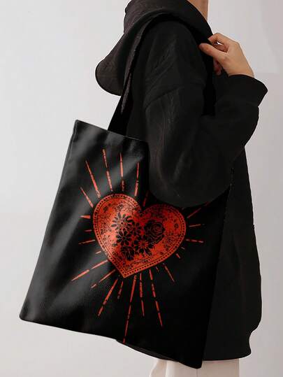 Fairycore Bolsa reutilizable con estampado floral vintage con forma de corazón, mochila de moda, bolso multifuncional, bolsa de compras de lona con gráfico, bolso de hombro