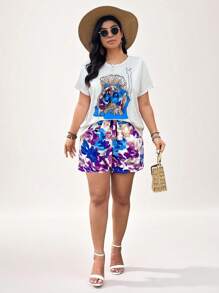SHEIN LUNE Set estivo casual da 2 pezzi, composto da maglietta con stampa a figura e pantaloncini, per taglie comode