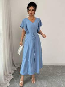 Elenzga Abito elegante e casual da donna con scollo a V, linea A, lunghezza media, decorazione con bottoni, maniche a sbuffo, adatto per festa del tè, vacanze, pendolarismo, primavera e estate - Blu - Visualizzare 6