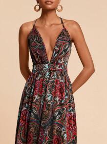 Travachic 深V領露背交叉佩斯利印花拖地吊帶洋裝 - 彩色 - 查看 7