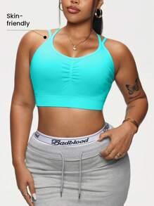 Rhythm Era Plus Size Women Plain Simple Seamless Sports Racerback Bra - Mint Blue - View 4