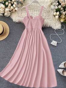 SHEIN Clasi 加大码女式优雅派对细肩带轻薄雪纺连衣裙长款女装 - 粉色 - 查看 2