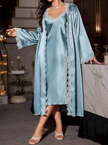 SilkySpell Set Gaun Terusan Satin Merah Anggur dan Jubah Panjang untuk Wanita Ukuran Plus, Detail Nyaman dan Elegan, Pakaian, Musim Gugur & Musim Dingin - Cadet Blue - View 4
