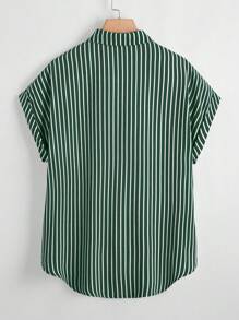 SHEIN LUNE 大码女式条纹短袖单排扣休闲衬衫，夏季 - 綠色 - 查看 2