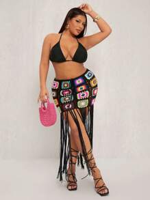 SHEIN SXY Falda de mujer talla grande de primavera y verano, elegante y sexy, de punto a ganchillo con cuadros multicolor y flecos extra largos, fluida y ceñida hasta la mitad, adecuada para uso diario, vestimenta occidental, Ibiza, Nashville, rave, modesta, atuendo de crucero, festival de música, concierto, fiesta de carnaval, vacaciones en la playa, cita, cumpleaños, despedida de soltera, club, linda, casual, compras, ropa de calle, salir, fácil de combinar y estiliza la figura. - Multicolor - Ver 7