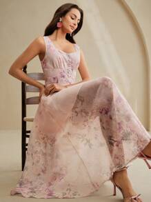 Anewsta Váy chữ A in hoa không tay thanh lịch dành cho nữ, xếp ly eo, phù hợp cho lễ hội mùa xuân/hè, tốt nghiệp, nghỉ mát, trang phục đi biển - Hồng - Xem 3