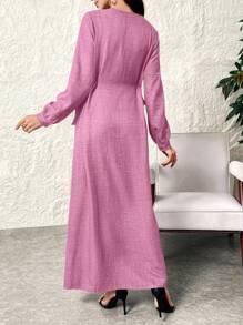 Al Najma Váy Maxi Ả Rập tay đèn lồng màu trơn giản dị mùa xuân & mùa hè dài đến đầu gối, phong cách thanh lịch khiêm tốn cho trang phục thường ngày/công sở/ngày lễ/tiệc tối/khách dự tiệc cưới - Hồng - Xem 3